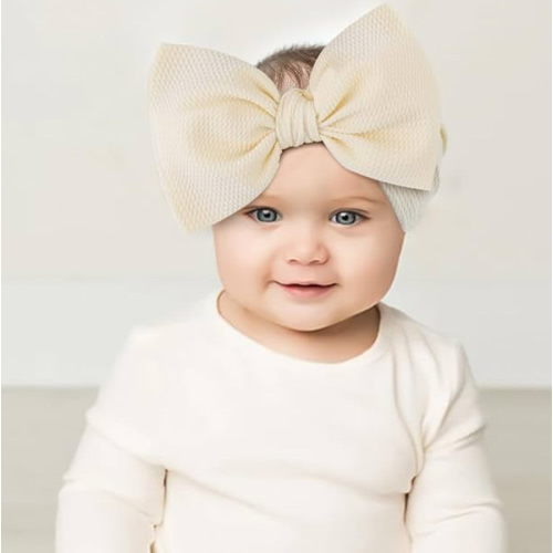 YanJie 3PCS 7'' Big Bows Baby Girls Headbands Soft Stretchy Newborn Bows Infant Baby Hair Bows Toddler Headwrap Hair Accessories Khaki Beige Light Pink