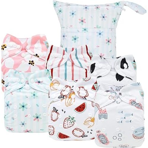 ALVABABY Cloth Diaper Covers 6pcs and 1 Wet Dry Bag, Washable Reusable Diaper Cover with Multi-Functional Bag, Cloth Diaper Shell for Prefold, Flat or Fitted Cloth Diaper Inserts 6NKZ08