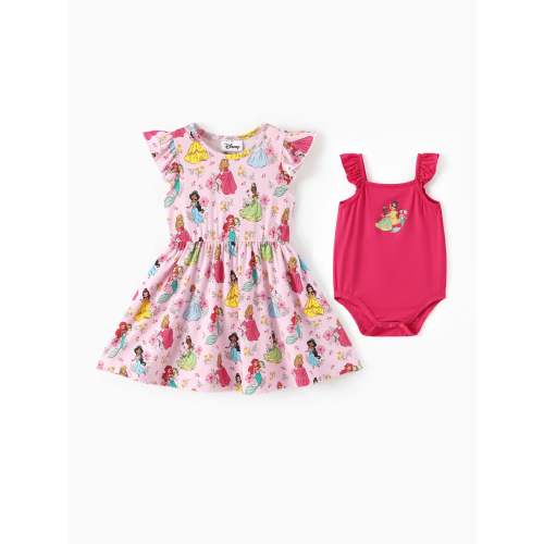 Disney Princess Baby Girl Bamboo 2-Pack Dress and Romper Set Hot Pink