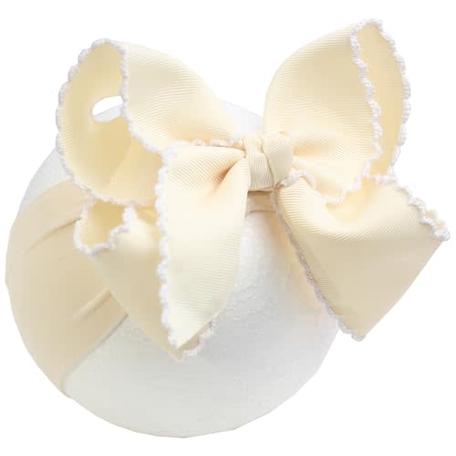 6'' Jumbo Beige Baby Girls Bow Headbands, Soft Nylon Headwraps | Boutique Handmade Grosgrain Moonstitch Bow Hairbands, Super Stretchy Nylon Hair Accessories for Newborns, Infants & Toddlers