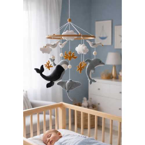 Whale baby mobile – Handmade Felt Crib Mobile Under the sea Coastal Nursery Decor Whale baby nursery Ocean Baby Mobile