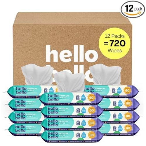 Hello Bello Premium Fragrance-Free Baby Wipes, with Chamomile & Aloe Extracts for Sensitive Skin - 12 Resealable Packs = 720 Total Wipes