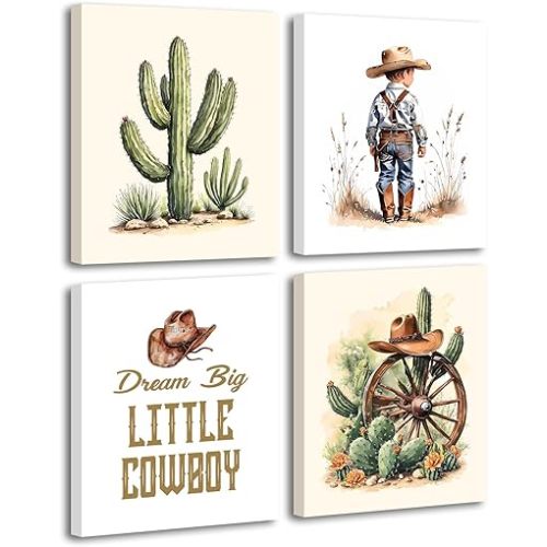 Framed Western Cowboy Wall Art Prints,Nursery Canvas Prints Cowboy Hat Cactus Desert Wall Art,Western Nursery Wall Decor for Baby Boys Bedroom Children Decoration Set of 4(8”x10”)