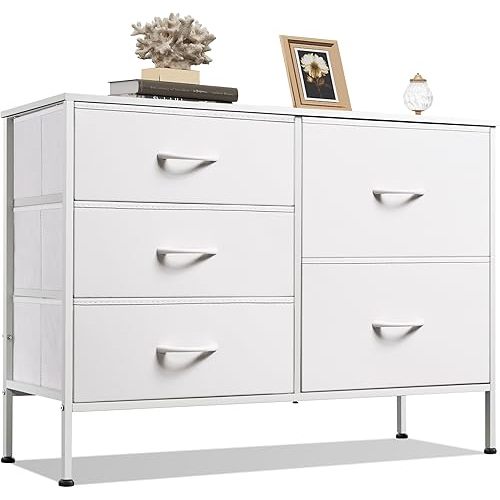 WLIVE White Dresser for Bedroom with 5 Drawers, Fabric Dresser for Living Room, Wide Chest of Drawers for Bedroom, Closet, Hallway, White