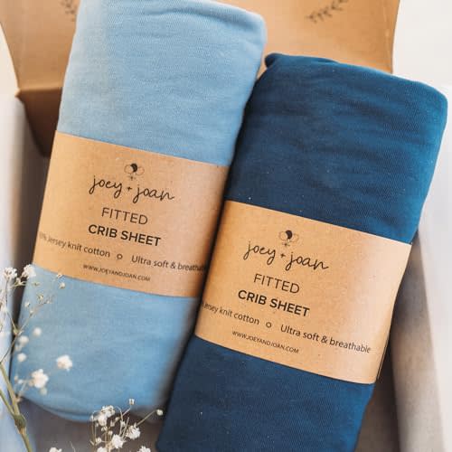Joey + Joan Fitted Crib Sheets 28 x 52 – Compatible with Standard Crib Mattress and Toddler Bed – 100% Jersey Cotton – Dusty Blue + Navy – 2 Pack