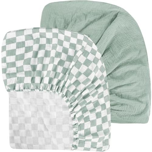 DILIMI Muslin Crib Sheets for Baby Boys and Girls, 2 Packs Ultra-Soft Breathable Baby Crib Sheet for Standard Crib and Toddler Mattress, Green and Checkered