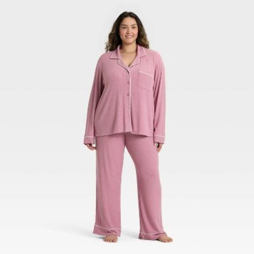Women's Cozy Ribbed Notch Collar Long Sleeve Shirt and Pants Pajama Set - Auden™