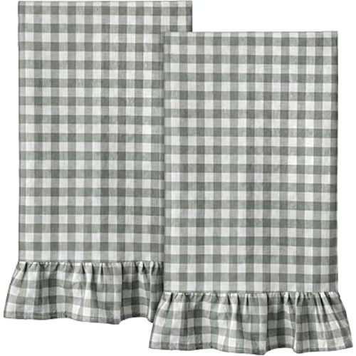 Sage Green Kitchen Towels Set of 2, 100% Cotton Ruffled Gingham Dish Towels 18"x28" Absorbent Tea Cloths Classic Plaid Pattern for Farmhouse Charm, Drying Dishes, Entertaining Guests