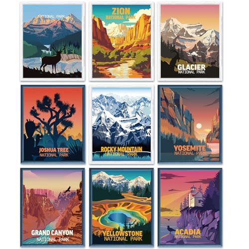 Outus 9 Pieces Vintage National Park Art Posters Prints Nature Art and Mountain Print Set Abstract Travel Unframed for Hikers Campers Living Room Decor, 8 x 10 Inch(National Park)