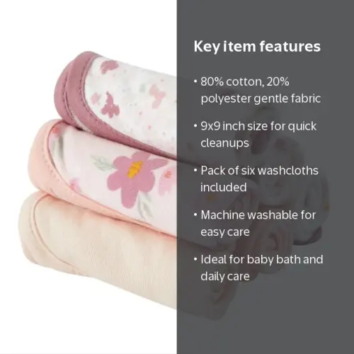 Parent's Choice Floral Washcloths, 9 in x 9 in, 6 Pack