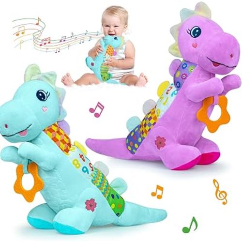 Baby Dino Musical Stuffed Animal Toys for 0-3-6-9-12 Months,Infant Dinosaur Tummy Time Toys with Crinkle Sound Paper,Teether,Textures & Rattles for Newborn Boys Girls Birthday Gifts