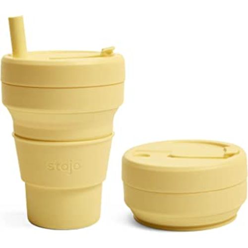 STOJO Jr Collapsible Travel Cup with Straw for Kids - Mimosa Yellow, 8oz / 250ml - Leak-Proof Reusable To-Go Pocket Size Silicone Bottle for Hot & Cold Drinks - Camping & Hiking - Dishwasher Safe