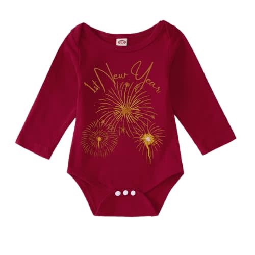 AFUKUIA Unisex Baby 1st New Year Romper Newborn Boy Girl Fireworks Print Long Sleeve Bodysuit for 0-18 Months