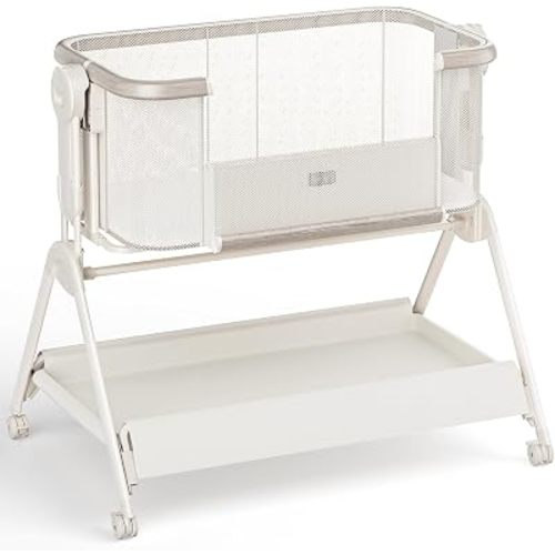 3 in 1 Baby Bassinet Bedside Sleeper, Rocking Bassinet with Lockable Wheels,Breathable Mesh, 6 Height Adjustments, Soft Mattress & Storage Basket, Portable Bassinet for Newborns, Beige