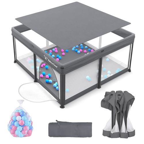 Foldable Baby Playpen for Babies and Toddlers, 50x50 Inch Portable Play Yard, Collapsible Play Pen with Mat, Visible Mesh, 50 Ocean Balls, Indoor/Outdoor Baby Fence Activity Center for Home