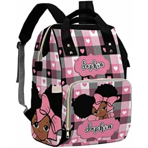 Artsadd Custom Name Baby Diaper Bag from Mom Dad, Personalized Pink Hearts Plaid Baby Backpack with Stroller Straps Large Capacity Shoulder Bag for Girls Daughter