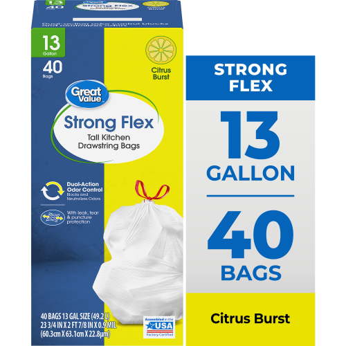 Great Value Strong Flex 13-Gallon Drawstring Tall Kitchen Trash Bags, Citrus Burst, 40 Count