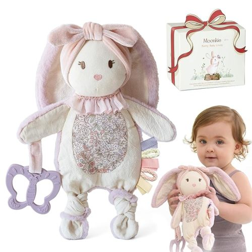 Moonkie Baby Lovey with Silicone Teether, Bunny Security Blanket with Textured Ribbons, Crinkle Toys, Soft Minky Velour & Natural Cotton