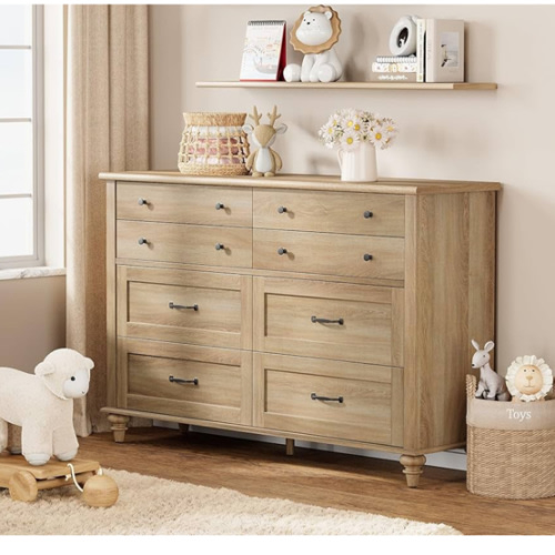 WAMPAT Baby Dresser with 8 Drawers for Kids Room, Farmhouse Kids Dresser Wooden Double Dresser for Bedroom, Wide Dresser Organizer for Children’s Bedroom, Nursery Furniture, 54 Inch, Oak
