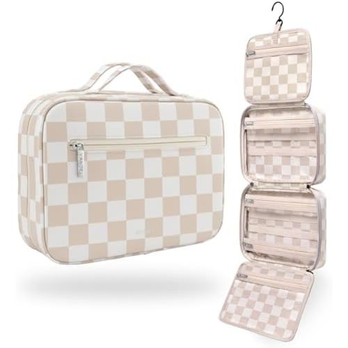 VANDEL Waterproof Hanging Toiletry Bag [TSA-Approved] Hanging Makeup Organizer Bag, Cosmetic Travel Bags for Women, Makeup Case Toiletries Organizer Hygiene Bathroom Shower Caddy - Neutral Checker