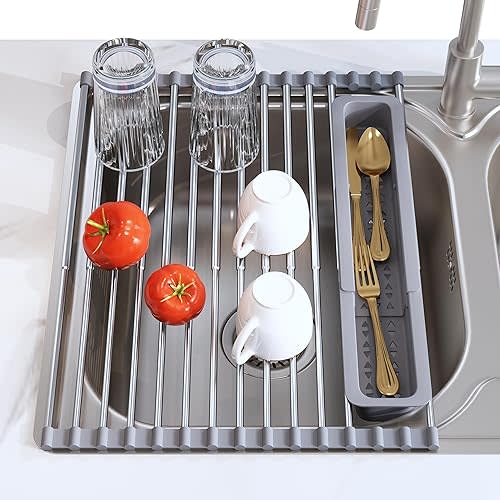 Roll Up Dish Drying Rack, Expandable (12.8"-23.8" D x 12.8" W) Stainless Steel Portable Drainer for Kitchen Sink Counter, Foldable Over The Sink Cover with Removable Utensil Holder
