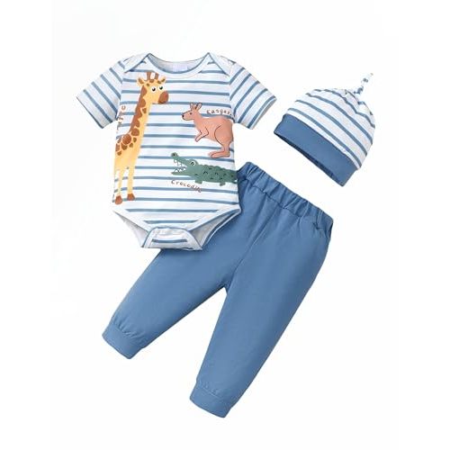 SUNNY PIGGY Baby Boy Clothes Infant Fall Outfits Romper 3Pcs Clothing Set | Newborn Boys Outfit,Long Sleeve Animal Print Bodysuit,Elastic Pants with Cute Hat,0-18 Months Baby Romper,Winter Daily Wear