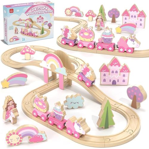 Lehoo Castle Wooden Train Set, Unicorn Train Set for Toddlers 2-4, Wooden Train Track Toddler Girl Toys Pink Train Fantasy Toys for 3 4 5 6 Year Old Girl