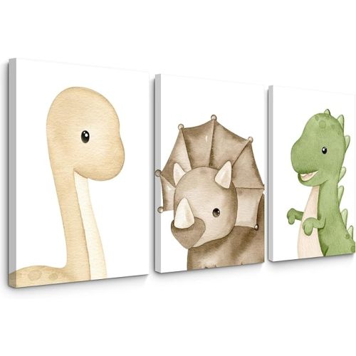 Dinosaur Wall Art Kids Boys Room Canvas Wall Decor Dino Nursery Wall Art Pictures Baby Dinosaur Poster Prints for Boys Bedroom Bathroom 16x24 Inch Wood Framed Set of 3