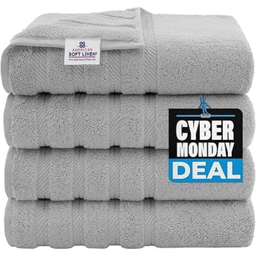 American Soft Linen Luxury 4 Piece Bath Towel Set, 100% Cotton Turkish Bath Towels for Bathroom, 27x54 in Large Bathroom Shower Towels, Light Grey Bath Towels