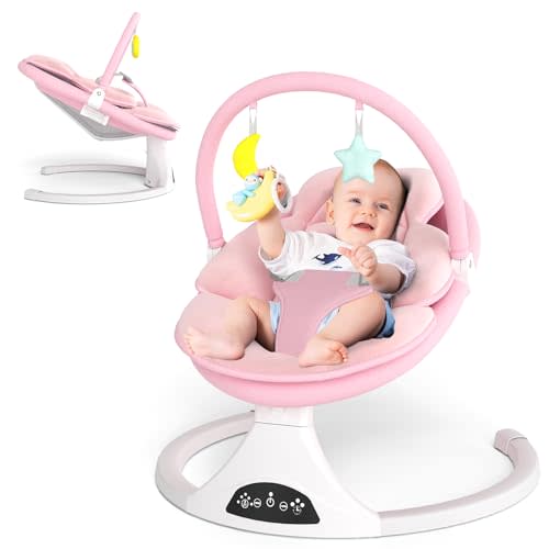 Electric Baby Swing with Remote Control,5 Speeds&Portable&Cozy(0-6M,Pink) | Safety lock&secure harness,12 melodies&Bluetooth,8/15/30min timer,lightweight indoor/outdoor,soft washable seat,easy assembly