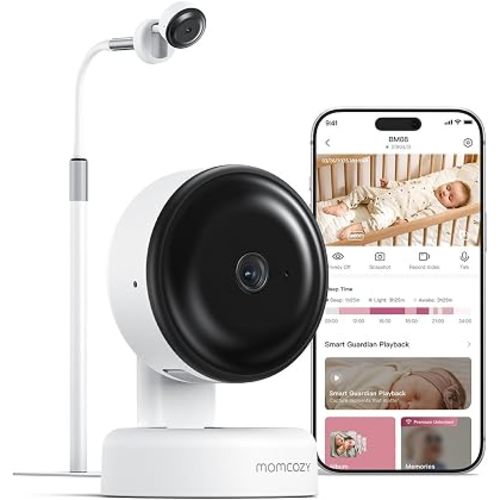 Momcozy Smart Baby Monitor, 2K HD Contact-Free Baby Camera, Table & Floor Stand, AI-Powered Notifications for Cry & Sound & Motion, Sleep Activity Log, 2-Way Audio, Night Vision, 2.4/5GHz WiFi, BM08