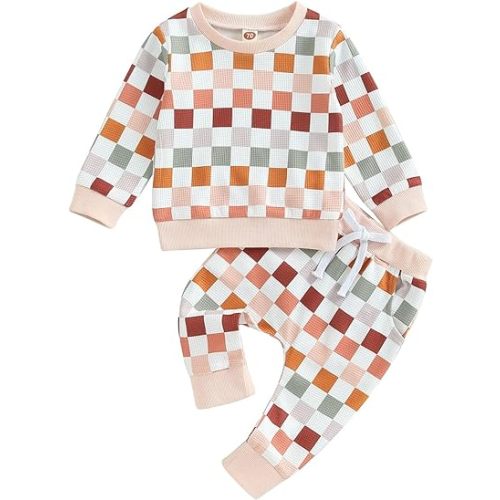 Karwuiio Toddler Baby Boy Girl Clothes Checkerboard Print Long Sleeve Sweatshirt Tops and Pants Fall Clothing Set