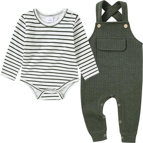 CARETOO Newborn Baby Boy Clothes Infant Boy Romper Fall Winter Outfits Bodysuit 2Pcs Striped Long Sleeve Top Overalls 0-18M