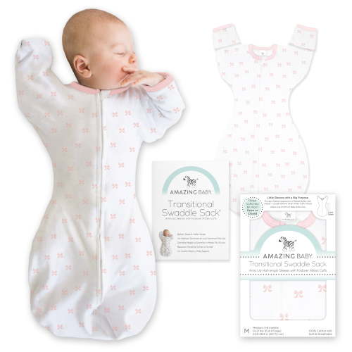 Amazing Baby Transitional Swaddle Sack with Arms Up Half-Length Sleeves and Mitten Cuffs, Better Sleep for Baby Girl, Tiny Bows, Small, 0-3 Mo, 6-14 lbs