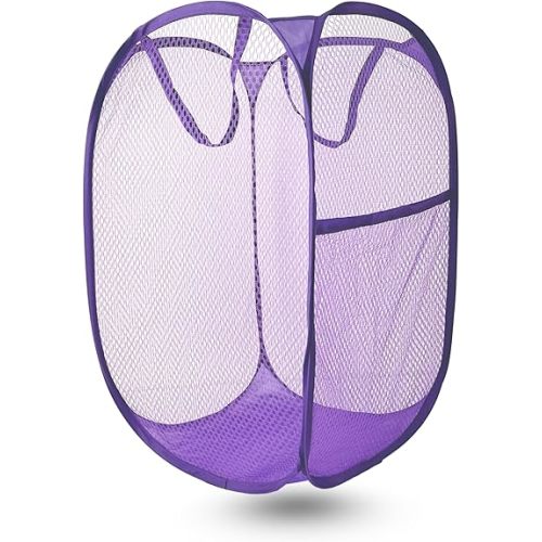 Pop Up Laundry Hamper, Mesh Laundry Basket Collapsible, Foldable Hamper for Travel and Storage (Purple)