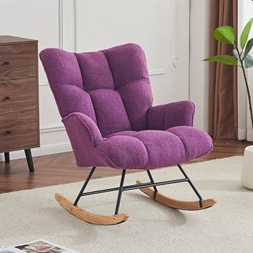 SAETSFEG Nursery Rocking Chair Teddy, Upholstered Glider Rocker with High Backrest, Comfortable Stylish Accent Armchair with Padded Seat for Living Rooms, Bedrooms, Purple