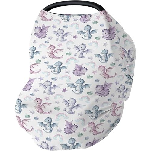 Fairytale Dragon Love Stars Car Seat Cover for Babies Baby Dragons Purple Stretchy 5-in-1 Cover Adjustable Car Canopy Cover Fantasy Animal Breathable Nursing Cover-Up