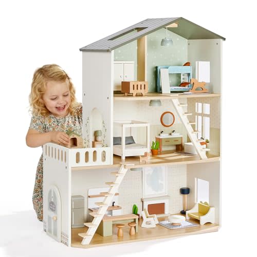 Giant bean Modern Wooden Dollhouse with Lights & 37PCS Furniture Set – Nordic Style 3-Story Playhouse for Kids Age 3+, Natural Wood Montessori Doll House with Realistic Rooms, Gift for Girls & Boys