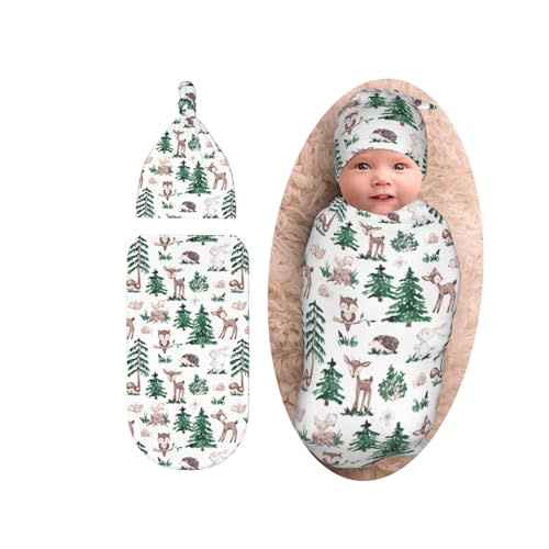 Cute Deer Swaddle Blanket with Beanie Set, Woodland Mushroom Print Baby Stuff Swaddle Sack Newborn Sleeping Sacks for Girls Boys