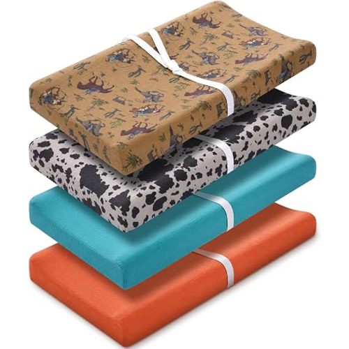 4 Pcs Western Cowboy Baby Changing Pad Covers for Boys and Girls Stretchy Soft Diaper Changing Table Pad Cotton Cover Breathable Comfy Baby Cradle Sheets Nursery 32 x 16 x 5 Inch