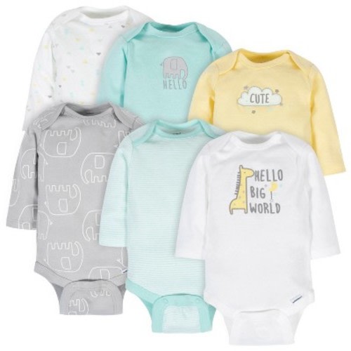 Gerber Baby Neutral Long Sleeve Onesies Bodysuits - Animals - 12 Months - 6-Pack