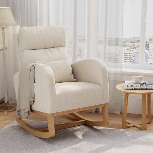 Modern Nursery Glider Rocking Chair with Side Pockets & Matching Pillow in white with footrest