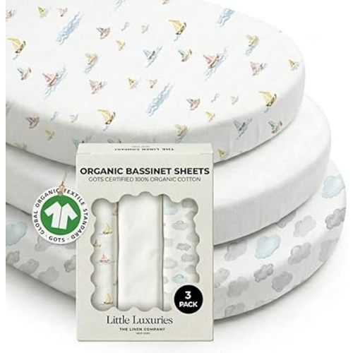 100% Organic Cotton Bassinet Sheets 3 Pack - (33 x 20 Inches) Baby Delight - GOTS Certified, Soft Breathable Percale Weave, Universal Fits Standard Oval & Rectangular Mattress - for Boys & Girls