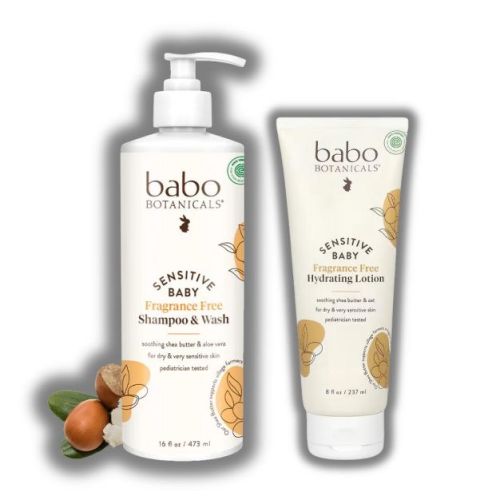 Babo Botanicals Sensitive Baby Fragrance Free Shampoo & Wash (16 oz) & Hydrating Lotion (8 oz) | For Dry & Very Sensitive Skin - DUO SET KIT