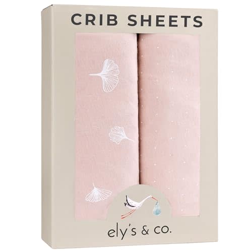 Ely’s & Co. Crib Sheet 2-Pack — Combed, 100% Jersey Cotton for Baby Girl — Rosewater Pink, Pin Dots & Gingko Leaves 52” x 28”
