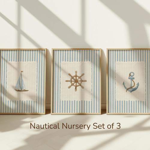 Nautical Nursery Set of 3 | Sailboat Anchor Helm Coastal Wall Art | Blue Stripe Gallery Wall Set | Baby Boy Nursery Decor (Digital Download)