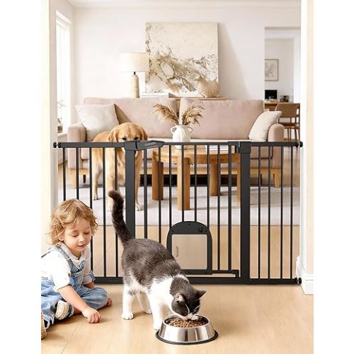 Babelio Baby Gate with Cat Door, CatPrivilege Ⅲ, Extra Wide 29-55" Cat Gate, 30" Tall Pressure Mounted Safety Gate for Large Openings, Stairs & Doorways, Auto Close, Black