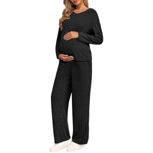 Yousify Womens Maternity Pajamas Sets 2 Piece Outfits Ribbed V Neck Long Sleeve Knit Tops Pants Pregnancy Loungewear