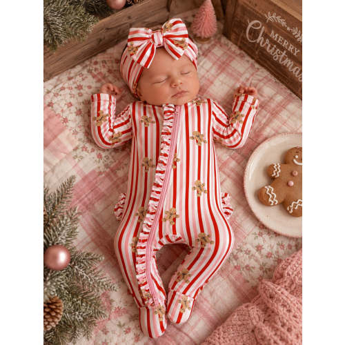 2-Way Zip Ruffle Footie, Gingerbread Lane Pink