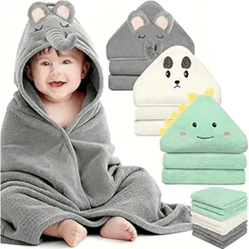 12 Pcs Baby Towels and Washcloths Set, Hooded Baby Towel, Soft and Absorbent Baby Bath Towels, 3 PCS Cute 32x32 in Baby Towel with Hood and 9 Pcs Baby Washcloths for Boys and Girls